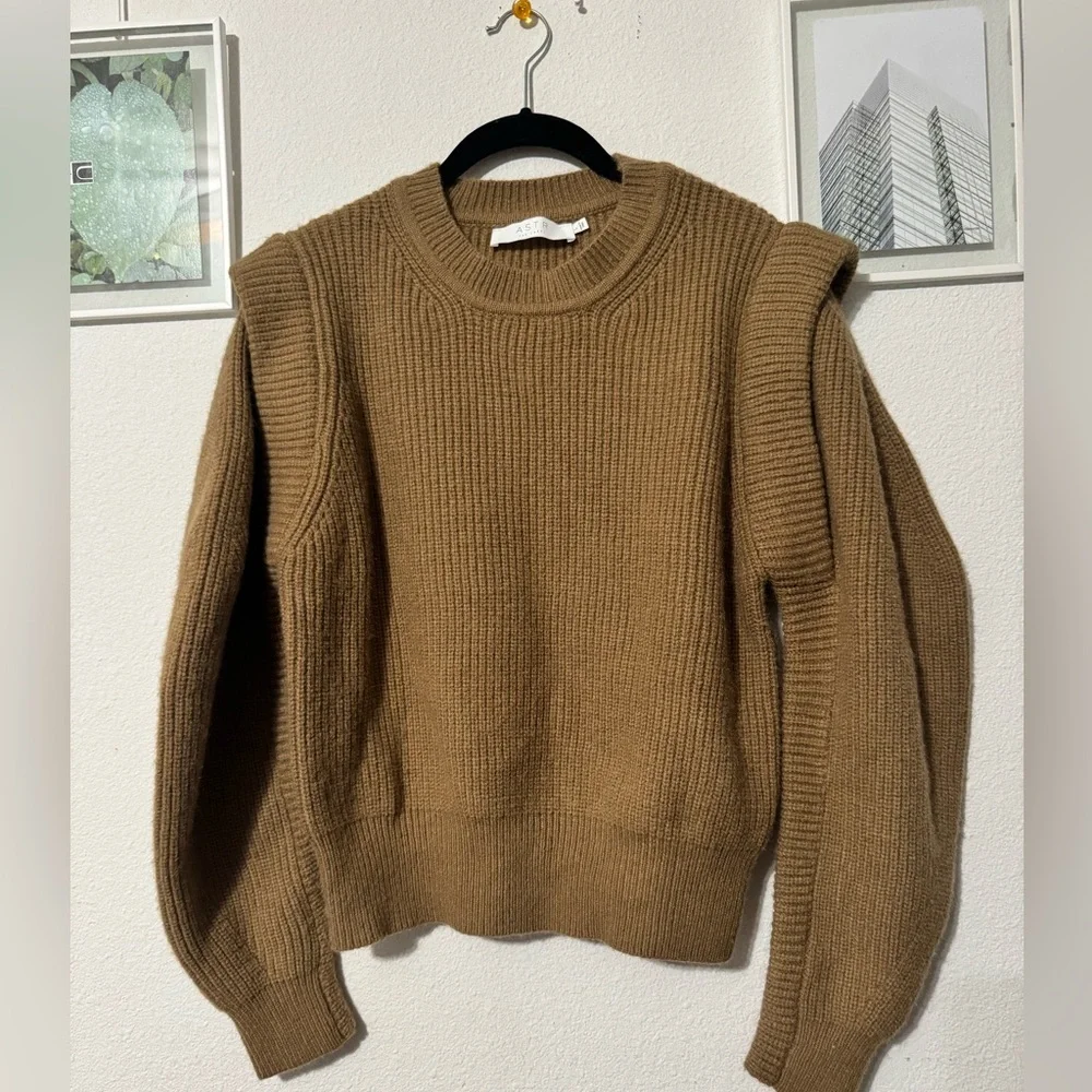 Astr The Label Romina Crew Neck Ribbed Knit Baloon Sleeves Brown Camel Sz large - Picture 4 of 8